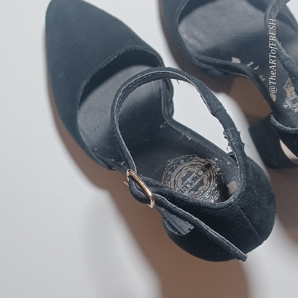 Black Suede Block Heels with Gold Accents - Picture 13 of 16